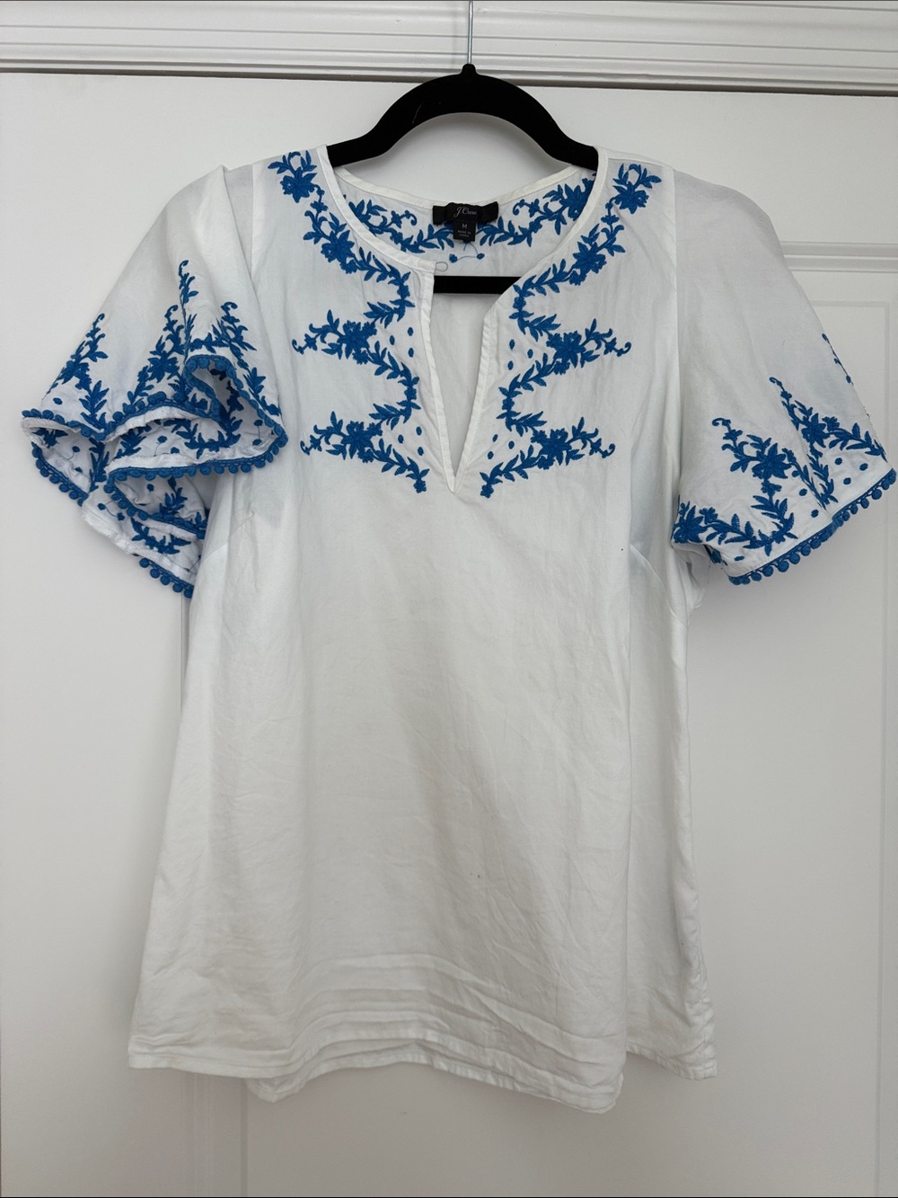 J. Crew White Top with Blue Floral Embroidery